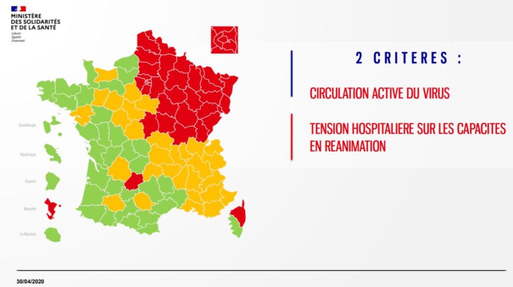 La première carte de situation de l'épidémie de covid 19 diffusée ce jeudi 30 avril par le ministère de la Santé et des Solidarités.