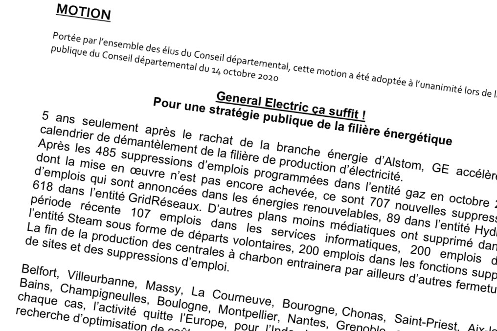 Le conseil départemental du Territoire de Belfort a adoptée une motion pour envisager l'après GE.