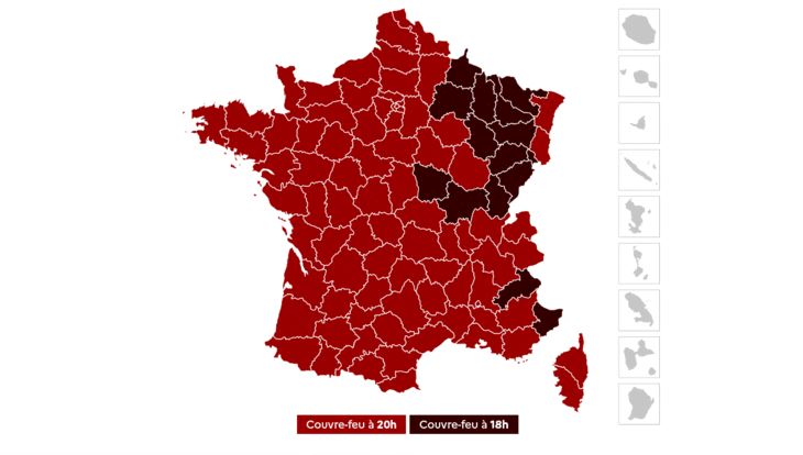 La carte du couvre-feu en France: en rouge foncé, à 18 h, en rouge moins foncé, à 20 h.