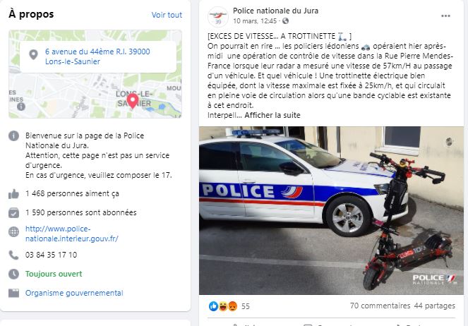 Le post de la police du Jura sur la trottinette délictueuse.