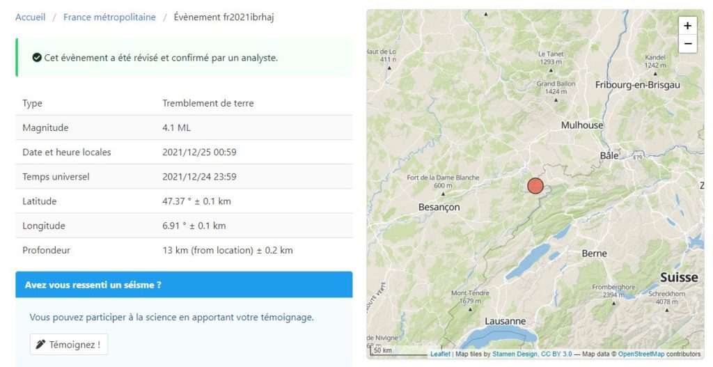 Les infos sur le site web géré par le Réseau National de Surveillance Sismique (RéNaSS) | copie d'écran