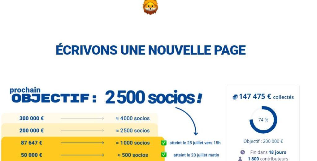 La page d'accueil du site des Sociochaux, avec le montant collecté ce vendredi 4 août pour la souscription pour contribuer à sauver le club. (copie d'écran)