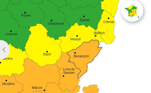 Le Doubs et le Jura vont passer en vigilance orange vendredi à midi. (doc Météo France)