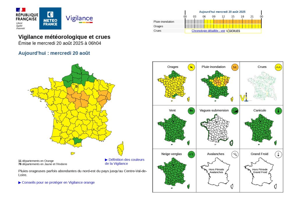 La carte de vigilance de Météo France de ce mercredi 20 août. Le Doubs, le Territoire de Belfort et la Haute-Saône sont en vigilance orange. (doc Météo France)