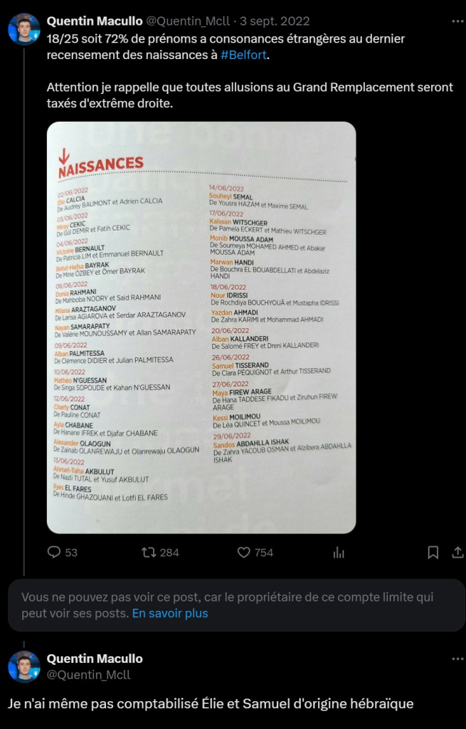 Tweet de Quentin Macullo (RN), en 2022, sur les prénoms "à consonances étrangèreé."