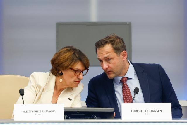 Annie Genevard, ministre de l'Agriculture, avec le Commissaire européen Christophe Hansen, en Italier, le 27 juin 2025.